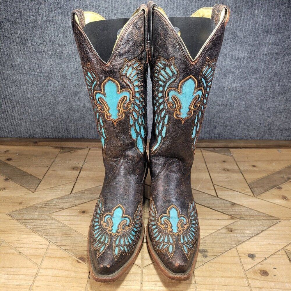 Corral Boots Womens 6.5M Turquoise Inlay Fleur De Lis Wings Cowboy Brown R2458 - Picture 3 of 13